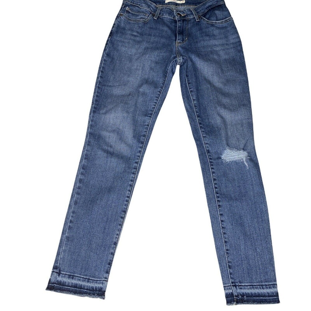 LEVIS 711 Women Midrise Skinny Jeans Sz 27 Light Wash Distressed Raw Hem Ankle - Picture 2 of 7